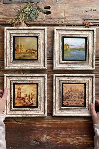 Oscar Stone Decor Çerçeveli Taş Tablo Duvar Dekoru 20x20cm 4'lü Set Eski Ista...