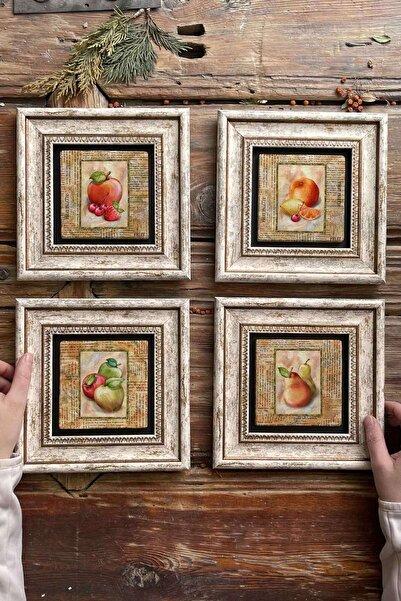 Oscar Stone Decor Çerçeveli Taş Tablo Duvar Dekoru 20x20cm 4'lü Set Meyveler ...
