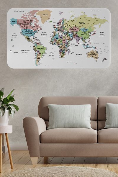 HARGE Turkish Educational Country And Capital Detailed Atlas World Map Wall Sticker