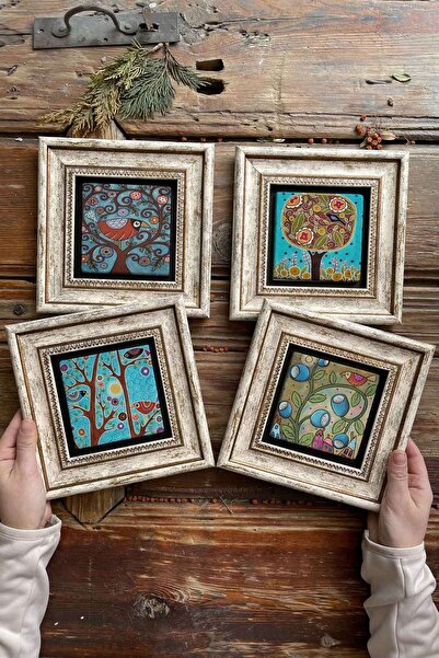 Oscar Stone Decor Çerçeveli Taş Tablo Duvar Dekoru 20x20cm 4'lü Set Deniz Atı...