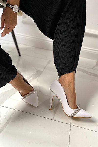 SHOEBELLAS Stiletto Cliff White pentru damă, cu țevi groase și pietre