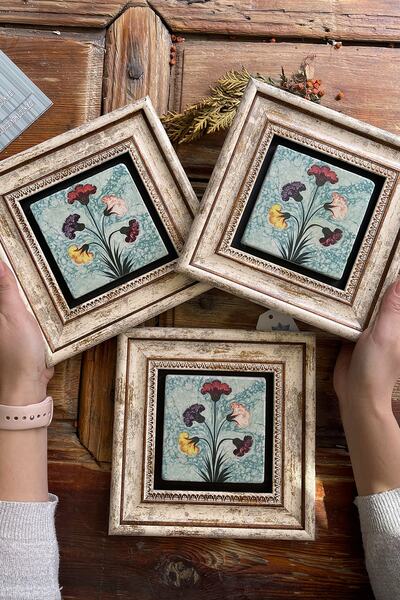 Oscar Stone Decor Çerçeveli Taş Duvar Dekoru Tablo 20x20cm 3'lü Set Ebruli Çiçek