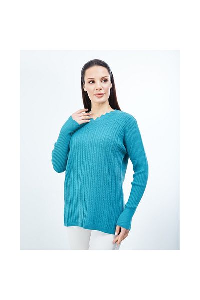 Fresh&Moda Tricot albastru pentru damă, cu decolteu în V, iarnă, pulover flexibil pentru mama