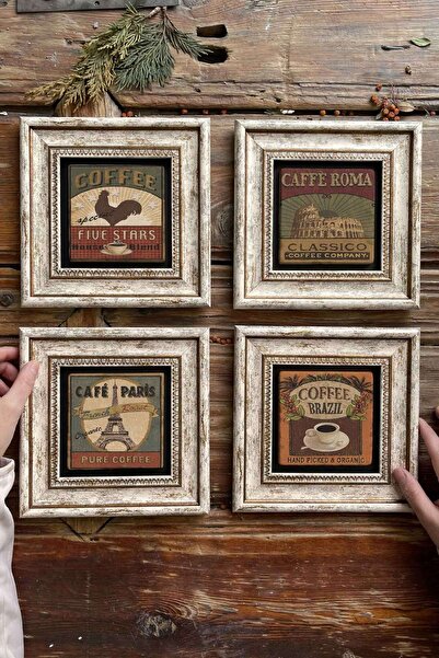 Oscar Stone Decor Çerçeveli Taş Tablo Duvar Dekoru 20x20cm 4'lü Set Coffee Set Kahve Köşesi