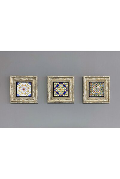 Oscar Stone Decor 20x20 Cm 3 Lü Set Sarı Desenler Çerçeveli Taş Tablo