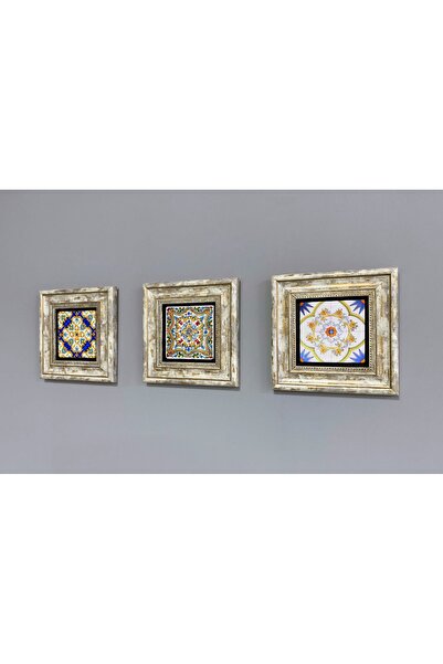 Oscar Stone Decor 20x20 Cm 3 Lü Set Sarı Desenler Çerçeveli Taş Tablo