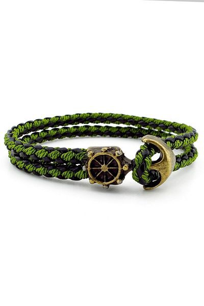 Solfera Bronze Anchor Rudder Sailor Green Braid Leather Men's Bracelet M034b