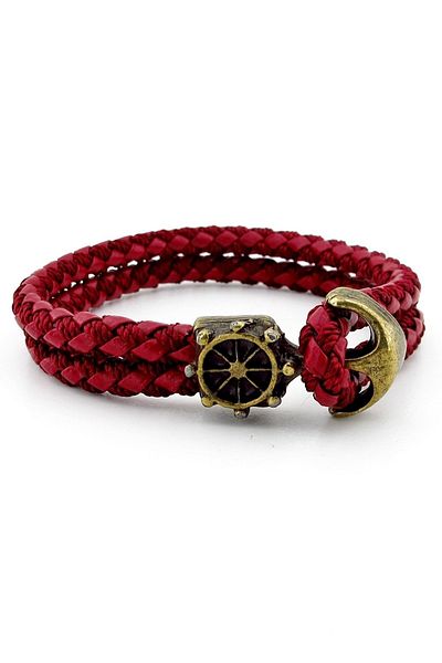 Solfera Bronze Anchor Rudder Sailor Claret Red Braid Leather Men's Bracelet M034d