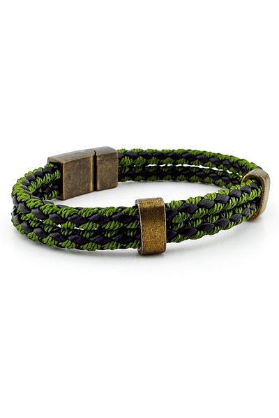 Solfera Bronze Clip Pair Row Green Braided Leather Men's Bracelet M038b