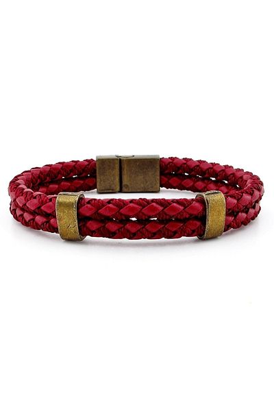 Solfera Bronze Magnetic Clip Double Row Claret Red Knitted Leather Men's Bracelet M038d