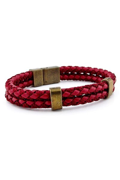 Solfera Bronze Magnetic Clip Double Row Claret Red Knitted Leather Men's Bracelet M038d
