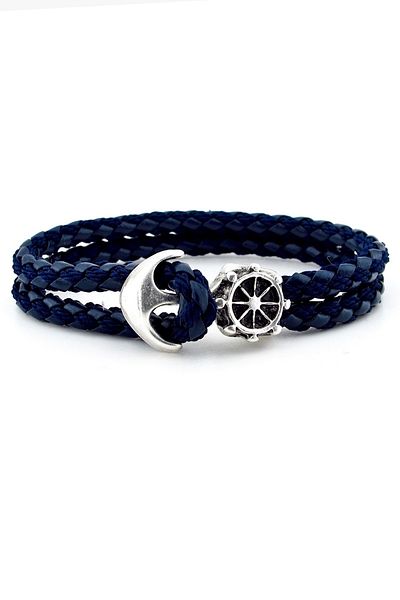 Solfera Anchor Rudder Sailor Marine Navy Blue Braid Leather Men's Bracelet M034c