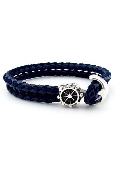 Solfera Anchor Rudder Sailor Marine Navy Blue Braid Leather Men's Bracelet M034c