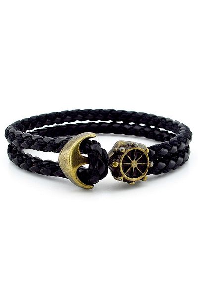 Solfera Bronze Anchor Rudder Sailor Black Braid Leather Men's Bracelet M034a