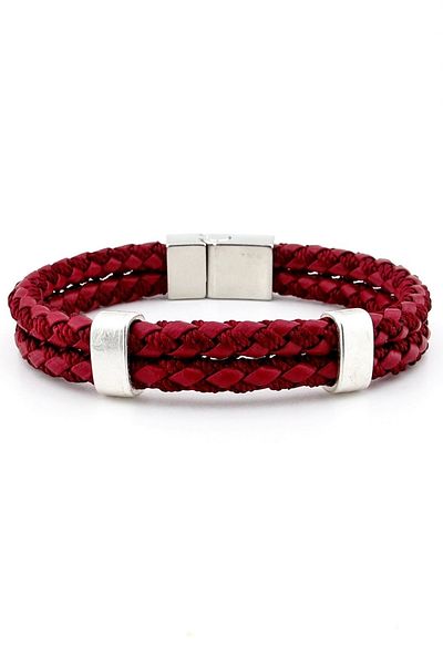 Solfera Metal Magnetic Clip Double Row Claret Red Braid Leather Men's Bracelet M039d