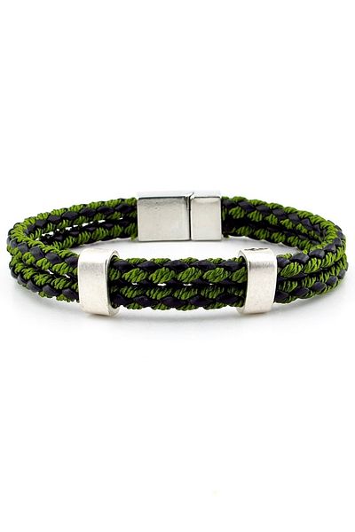 Solfera Metal Clip Pair Row Green Braided Leather Men's Bracelet M039b