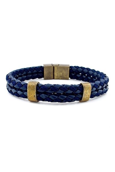 Solfera Bronze Clip Two Rows Navy Blue Braid Leather Men's Bracelet M038c