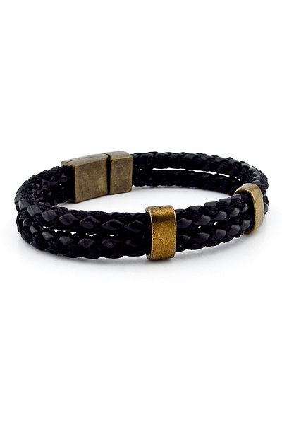 Solfera Bronze Clip Two Rows Black Braid Leather Men's Bracelet M038a