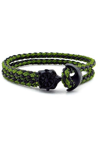 Solfera Black Anchor Rudder Sailor Green Braid Leather Men's Bracelet M034b