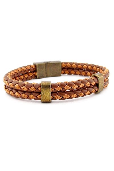Solfera Bronze Magnetic Clip Two Rows Tan Braid Leather Men's Bracelet M038e