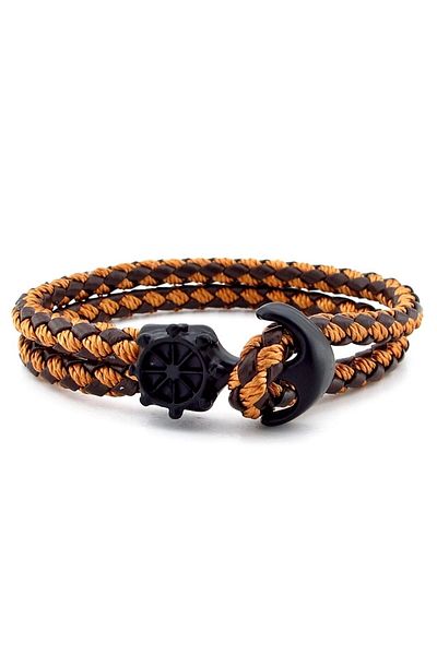 Solfera Black Anchor Rudder Brown Tan Braid Leather Men's Bracelet M034f