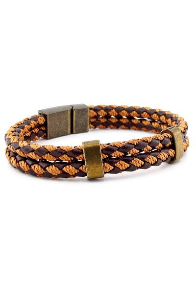 Solfera Bronze Clip Two Rows Brown Tan Braid Leather Men's Bracelet M038f