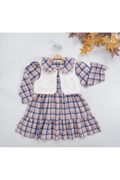 BÜŞRA , Velsoft Yelekli Ekose Pudra Kız Çocuk Elbise