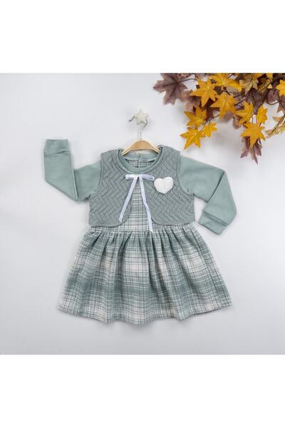 BÜŞRA , Kapitone Yelekli Ekose Yeşil Kız Çocuk Elbise