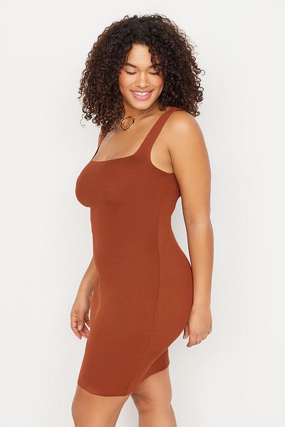 Trendyol Curve Brown Strap Body Hugging Slim Summer Knitwear Dress Tbbaw23Ah00024