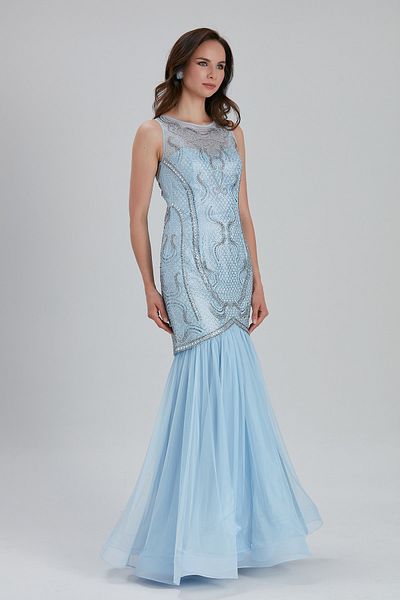 Neva Style Rochie de seara Bulava din satin albastru bebelus brodata cu margele 43680bm