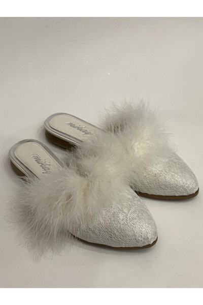 mikay shoes Düz Taban Tüylü Topuklu Gelin Çeyiz Nişan Parti Terliği