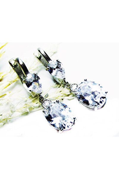 lilahgümüştr Gümüş Beyaz Oval Damla Taşlı Sallantılı Kadın Küpesi