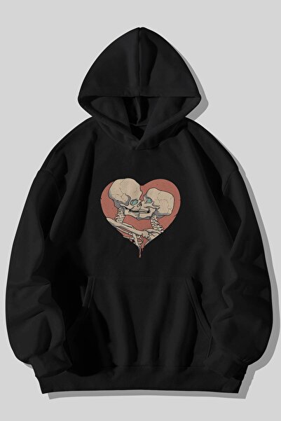 Harmandar Immortal Lovers Printed Unisex Black Kangaroo Hooded Hanorac cu buz...