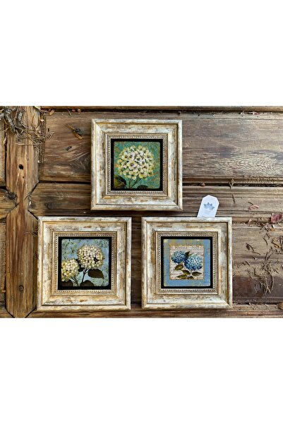 Oscar Stone Decor Çerçeveli Taş Tablo 20x20 Cm 3 Lü Set Ortanca Çiçekleri