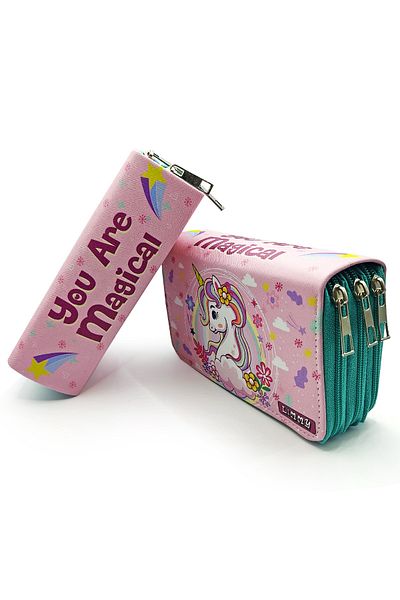 Limmy Μολυβοθήκη Unicorn Spring Themed Kawai Organizer Θήκη στυλό Vegan Δερμάτινη θήκη για στυλό τριών διαμερισμάτων - Πράσινη