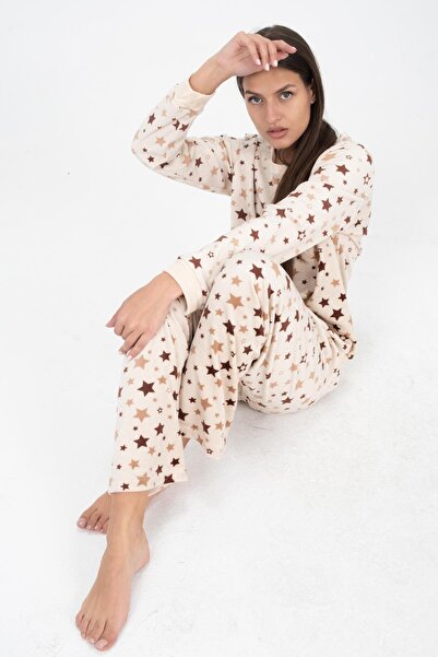 DOFİ Kadın Krem Yıldız Desenli Süper Soft Kışlık Pijama Takımı