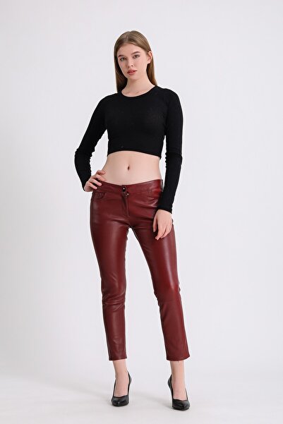 Leather Club Vişne Stretch Deri Pantolon