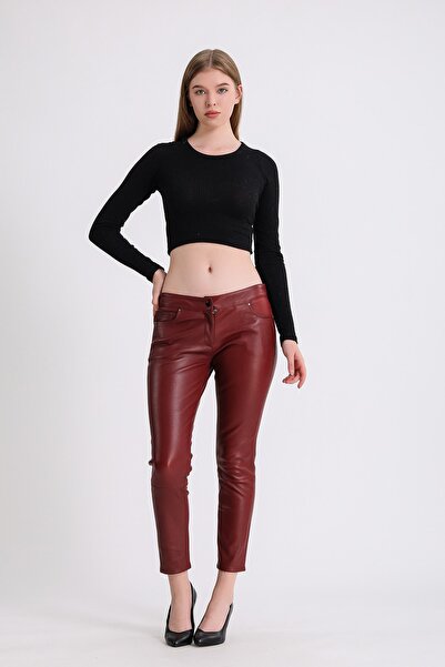 Leather Club Vişne Stretch Deri Pantolon