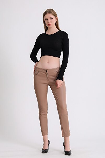 Leather Club Krem Stretch Deri Pantolon