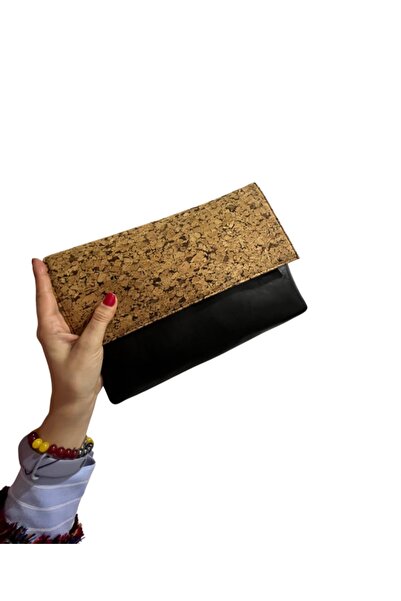 Basic Model Doğal Ağaç Kabuk Mantar & Siyah Hakiki Deri Portföy Çanta (limited)