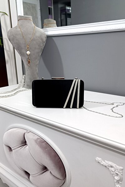 LA CALZATURE حقيبة نسائية من الساتان الأسود بثلاثة صفوف من حجر فستان السهرة م...