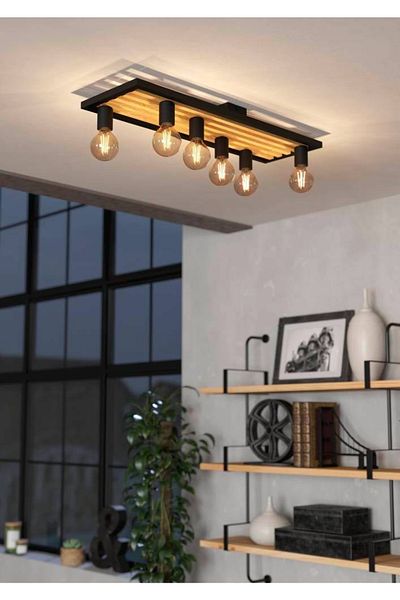Eglo 43724 Indoor " Consett " Black, Brown Color Steel, Wooden Ceiling Lamp Ip20 E27 Max: 6X40