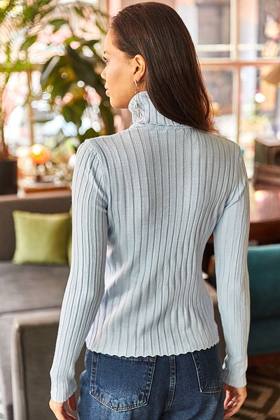 Olalook Dámsky sveter z úpletu Baby Blue Full Fisherman Lycra so šnúrkou KZK-19000520