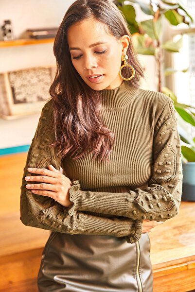 Olalook Pulover de damă din tricot cu nervuri, cu mâneci kaki, cu guler ridicat, KZK-19000383