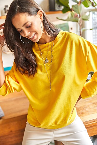 Olalook Hanorac casual pentru femei, uni galben de bază, cu textura moale, SWT-19000457