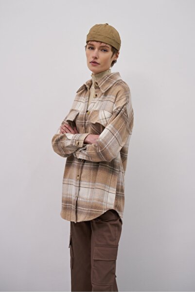 EBU Prive Жіноча сорочка-куртка з деревини, картата, кавова, норкова