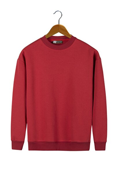 VEAVEN Unisex Kırmızı Oversize Kalın Üç Iplik Şardonlu Bisiklet Yaka Basic Sw...