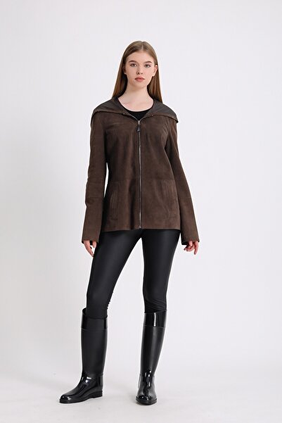 Leather Club Kahve Çift Taraflı Kapüşonlu Süet Deri Mont