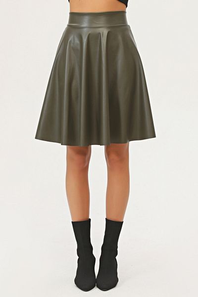 KİM Kİ O Women's Flared Khaki Color Faux Leather Skirt
