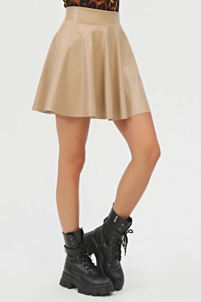 KİM Kİ O Fustă de damă mini evazată de culoare crem din piele artificială